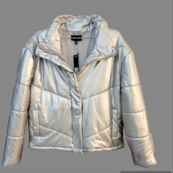 Steve Madden Metallic Silver Downtown Bomber Puffer Jacket NWT Sz Small - Picture 2 of 12